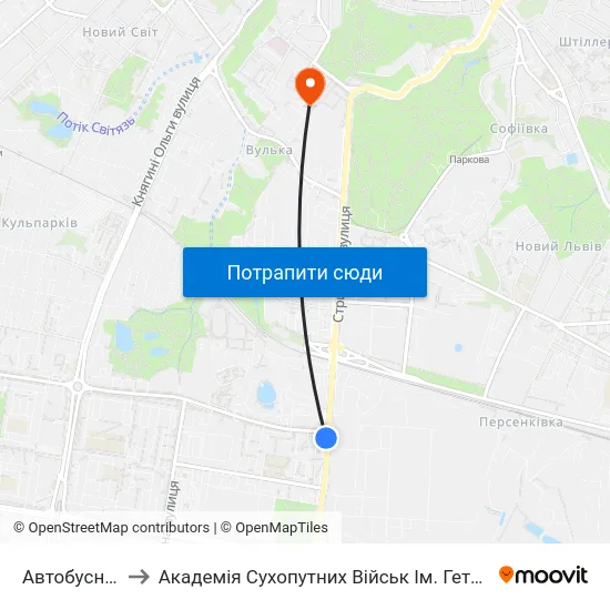 Автобусний Завод to Академія Сухопутних Військ Ім. Гетьмана Петра Сагайдачного map