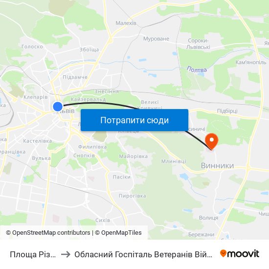 Площа Різні to Обласний Госпіталь Ветеранів Війни map