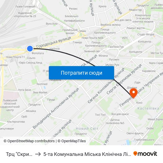 Трц "Скриня" to 5-та Комунальна Міська Клінічна Лікарня map