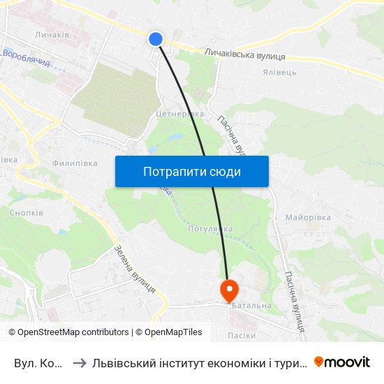 Вул. Котика to Львівський інститут економіки і туризму (ЛІЕТ) map