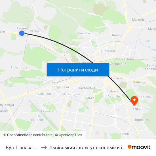 Вул. Панаса Сотника to Львівський інститут економіки і туризму (ЛІЕТ) map