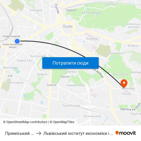 Приміський Вокзал to Львівський інститут економіки і туризму (ЛІЕТ) map