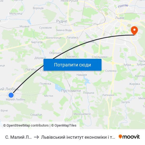 С. Малий Любінь to Львівський інститут економіки і туризму (ЛІЕТ) map