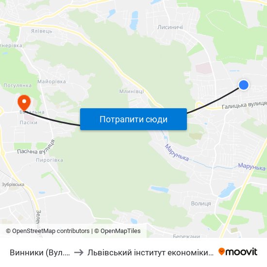 Винники (Вул. Лисика) to Львівський інститут економіки і туризму (ЛІЕТ) map