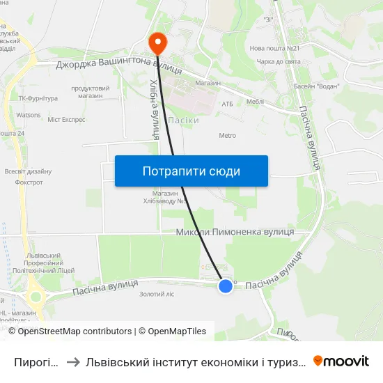 Пирогівка to Львівський інститут економіки і туризму (ЛІЕТ) map