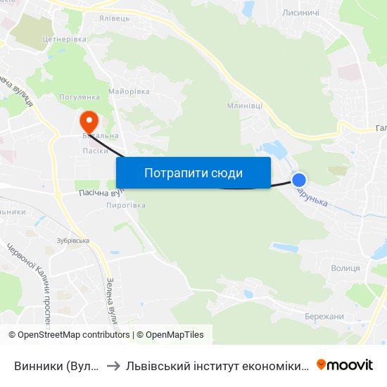 Винники (Вул. Забава) to Львівський інститут економіки і туризму (ЛІЕТ) map