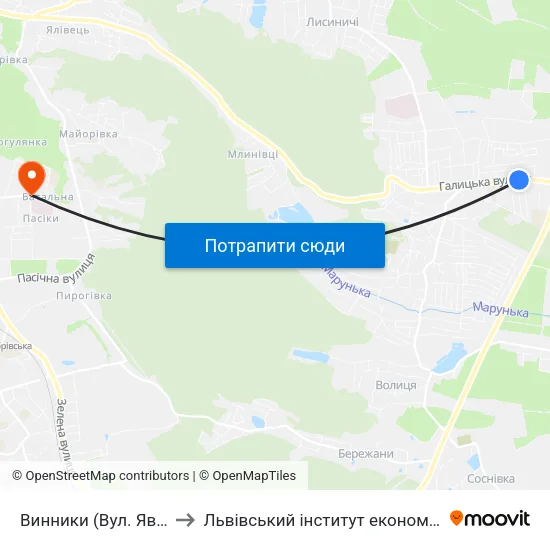 Винники (Вул. Яворницького) to Львівський інститут економіки і туризму (ЛІЕТ) map
