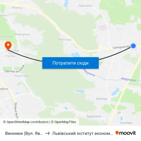 Винники (Вул. Яворницького) to Львівський інститут економіки і туризму (ЛІЕТ) map