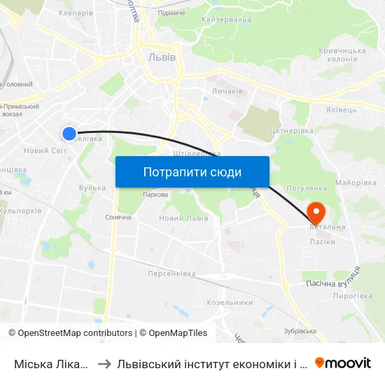 Міська Лікарня №5 to Львівський інститут економіки і туризму (ЛІЕТ) map