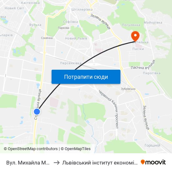 Вул. Михайла Максимовича to Львівський інститут економіки і туризму (ЛІЕТ) map