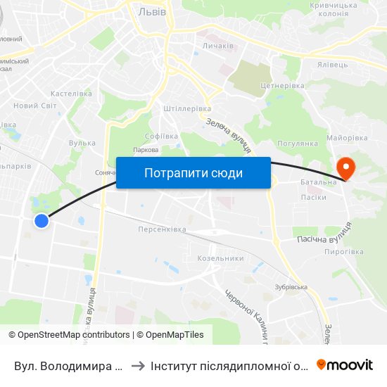 Вул. Володимира Великого to Інститут післядипломної освіти КНУБА map