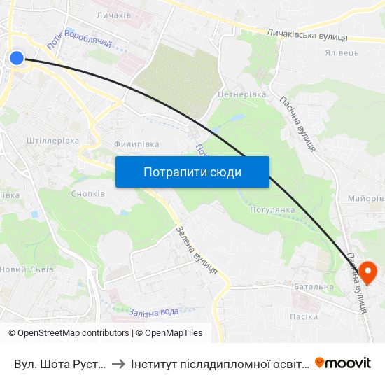 Вул. Шота Руставелі to Інститут післядипломної освіти КНУБА map