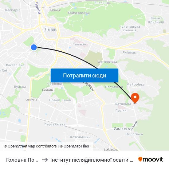 Головна Пошта to Інститут післядипломної освіти КНУБА map