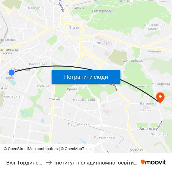 Вул. Гординських to Інститут післядипломної освіти КНУБА map