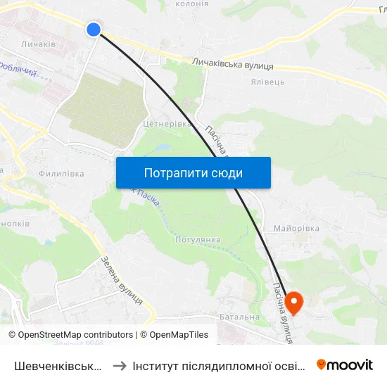 Шевченківський Гай to Інститут післядипломної освіти КНУБА map