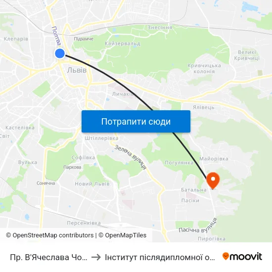 Пр. В'Ячеслава Чорновола to Інститут післядипломної освіти КНУБА map
