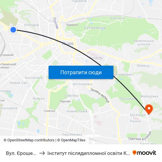 Вул. Єрошенка to Інститут післядипломної освіти КНУБА map