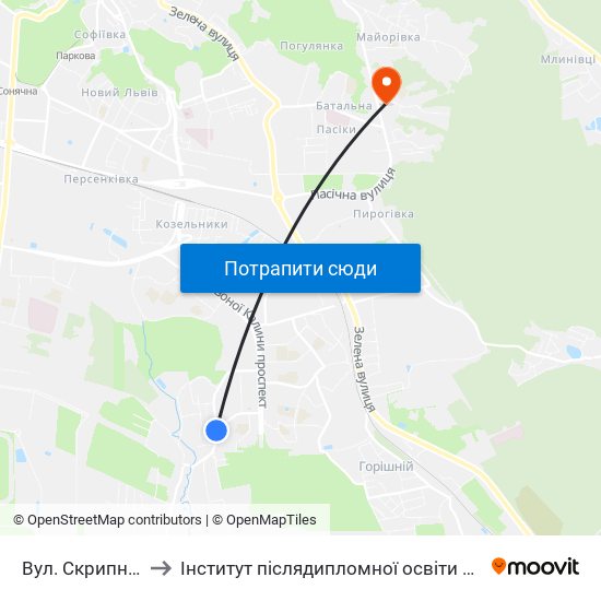 Вул. Скрипника to Інститут післядипломної освіти КНУБА map