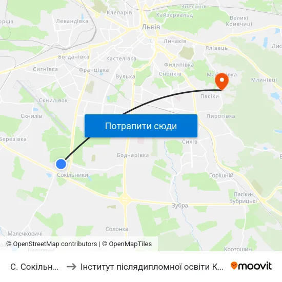 С. Сокільники to Інститут післядипломної освіти КНУБА map