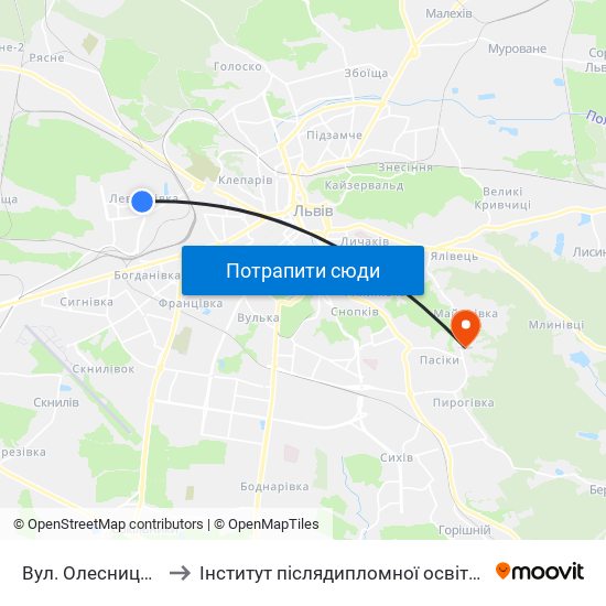 Вул. Олесницького to Інститут післядипломної освіти КНУБА map