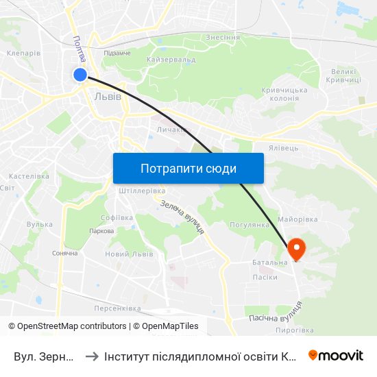 Вул. Зернова to Інститут післядипломної освіти КНУБА map