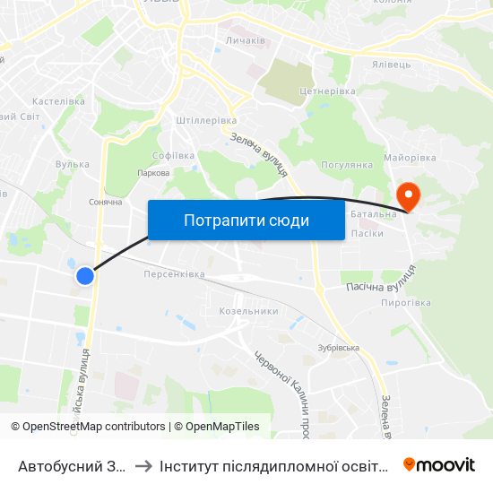 Автобусний Завод to Інститут післядипломної освіти КНУБА map