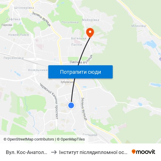 Вул. Кос-Анатольського to Інститут післядипломної освіти КНУБА map