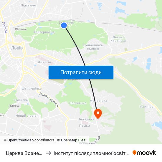 Церква Вознесіння to Інститут післядипломної освіти КНУБА map