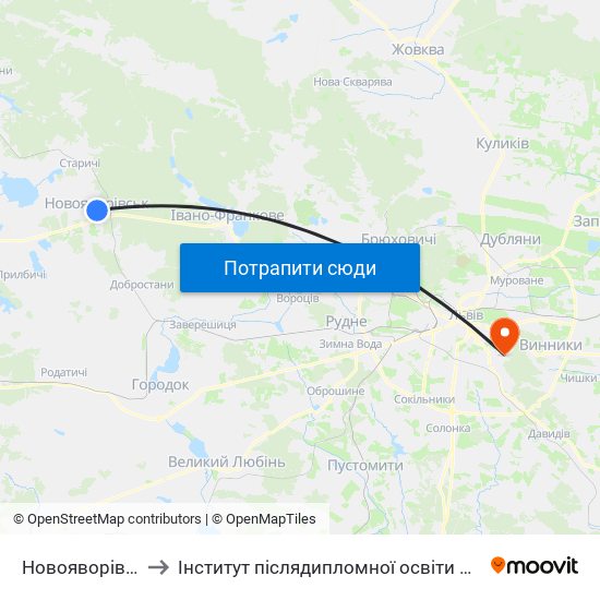 Новояворівськ to Інститут післядипломної освіти КНУБА map