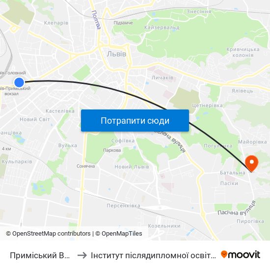 Приміський Вокзал to Інститут післядипломної освіти КНУБА map
