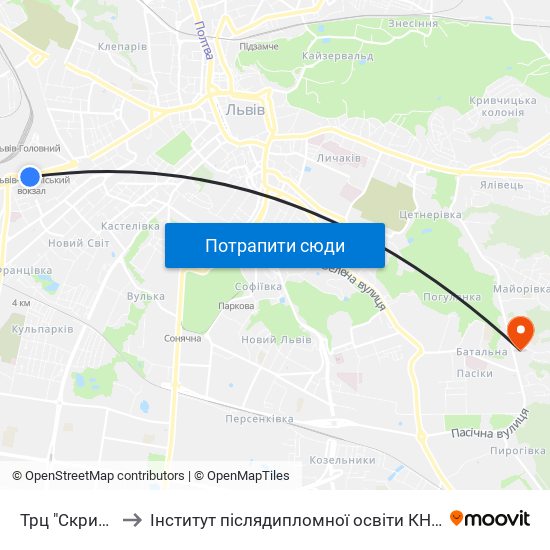 Трц "Скриня" to Інститут післядипломної освіти КНУБА map