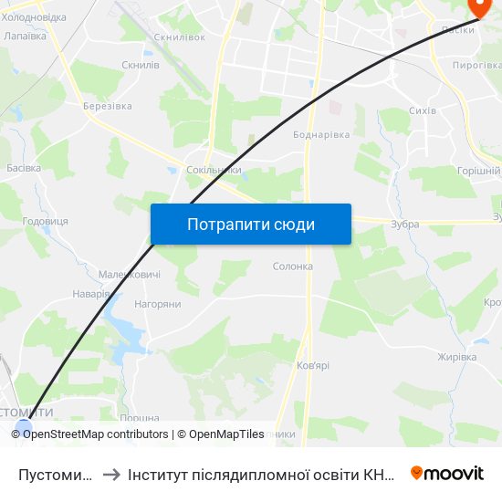 Пустомити to Інститут післядипломної освіти КНУБА map