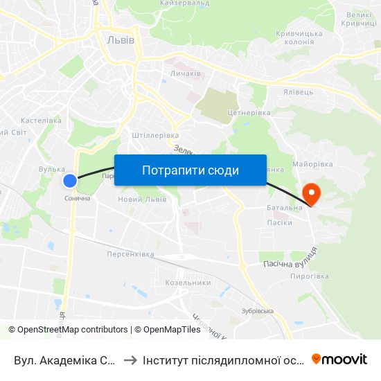 Вул. Академіка Сахарова to Інститут післядипломної освіти КНУБА map