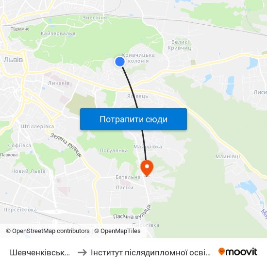 Шевченківський Гай to Інститут післядипломної освіти КНУБА map