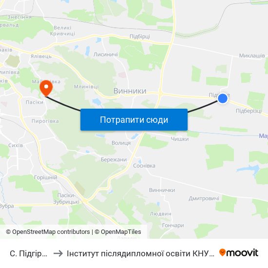 С. Підгірне to Інститут післядипломної освіти КНУБА map