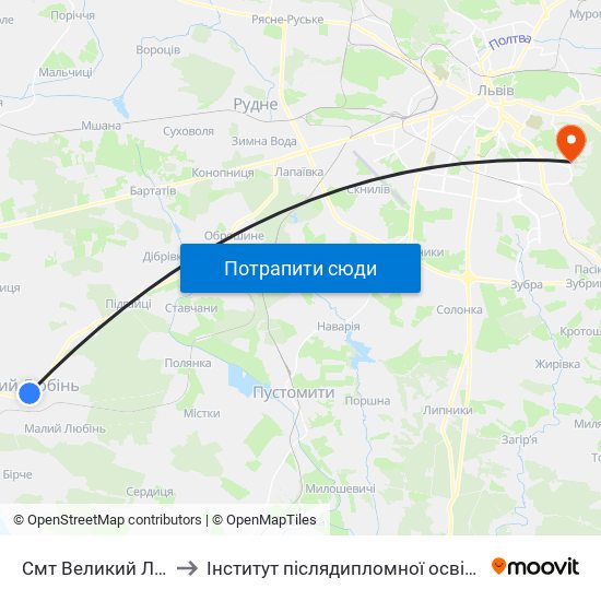 Смт Великий Любінь to Інститут післядипломної освіти КНУБА map