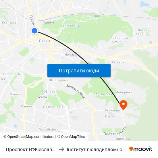 Проспект В’Ячеслава Чорновола to Інститут післядипломної освіти КНУБА map