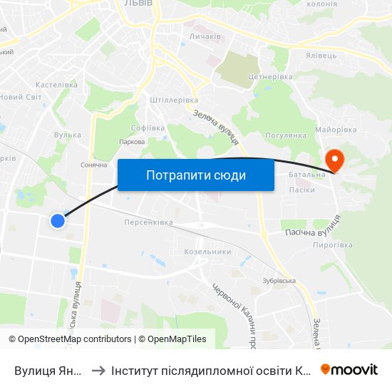 Вулиця Янева to Інститут післядипломної освіти КНУБА map