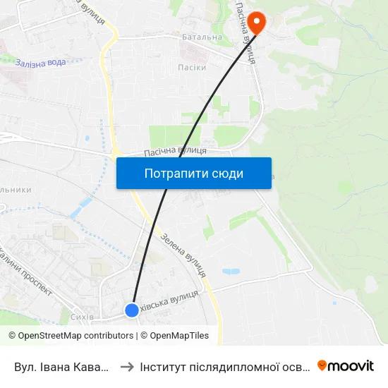 Вул. Івана Кавалерідзе to Інститут післядипломної освіти КНУБА map