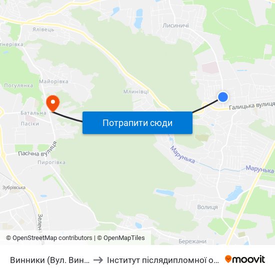 Винники (Вул. Винниченка) to Інститут післядипломної освіти КНУБА map