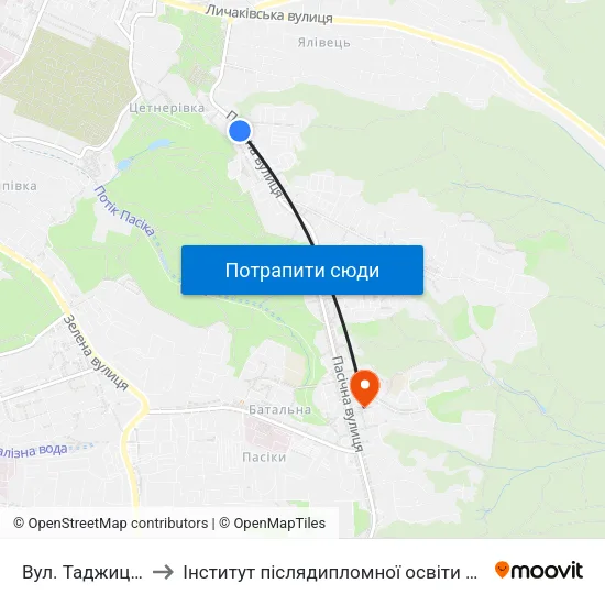 Вул. Таджицька to Інститут післядипломної освіти КНУБА map