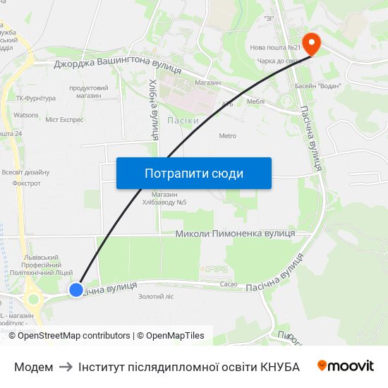 Модем to Інститут післядипломної освіти КНУБА map