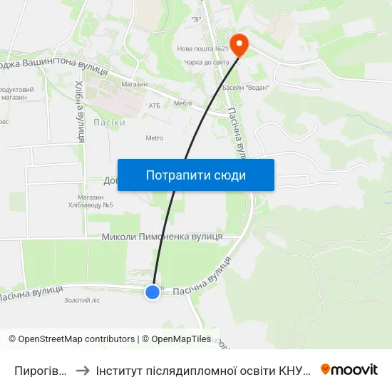 Пирогівка to Інститут післядипломної освіти КНУБА map