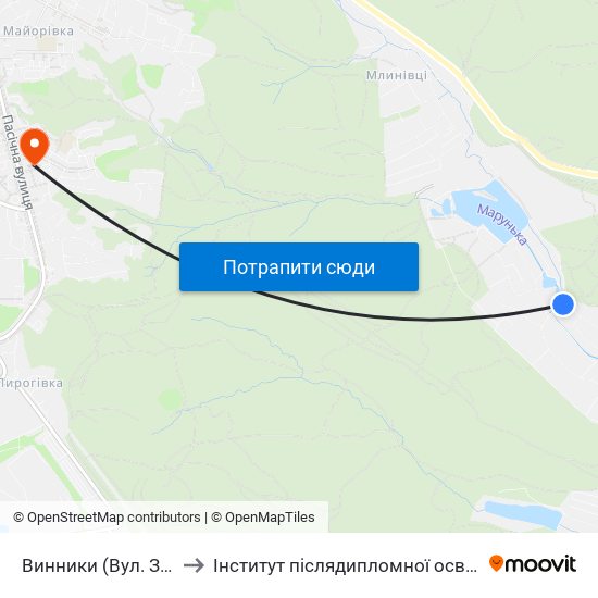 Винники (Вул. Забава) to Інститут післядипломної освіти КНУБА map