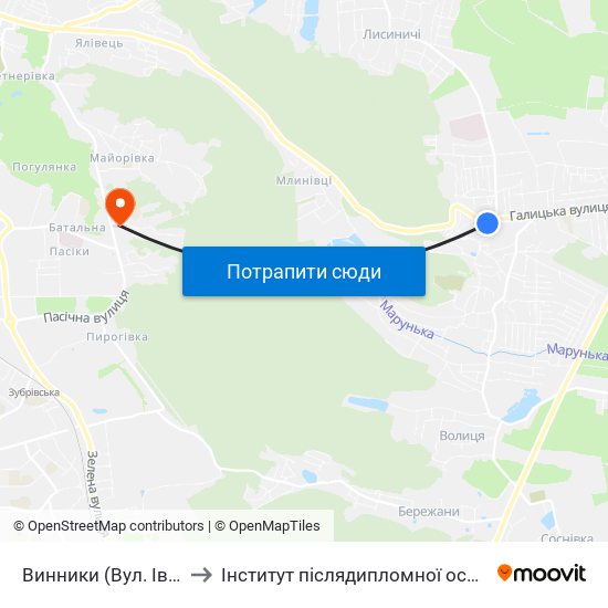 Винники (Вул. Івасюка) to Інститут післядипломної освіти КНУБА map