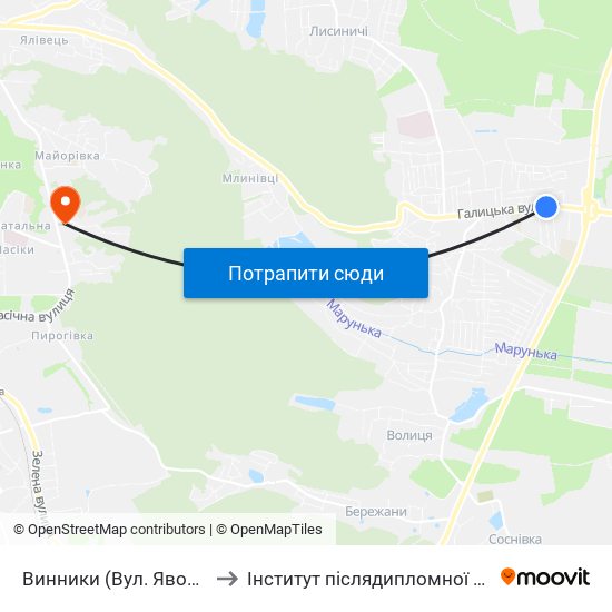 Винники (Вул. Яворницького) to Інститут післядипломної освіти КНУБА map