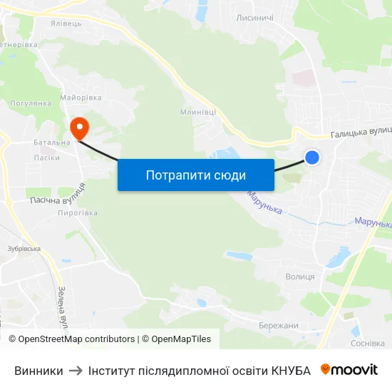 Винники to Інститут післядипломної освіти КНУБА map