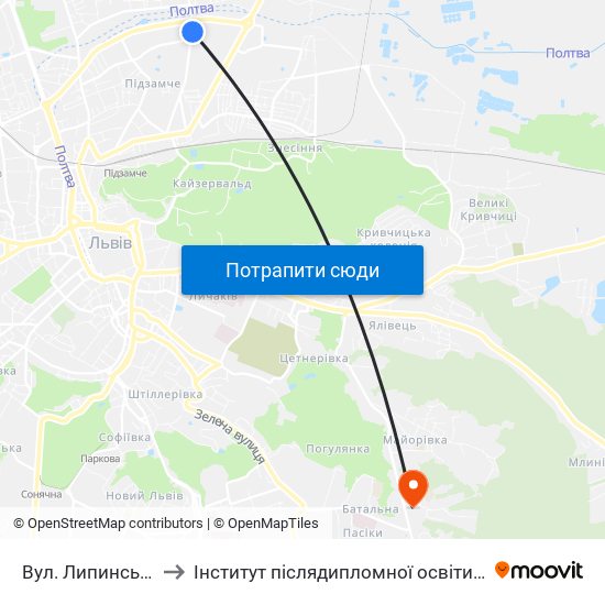 Вул. Липинського to Інститут післядипломної освіти КНУБА map