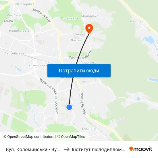 Вул. Коломийська - Вул. Трильовського to Інститут післядипломної освіти КНУБА map