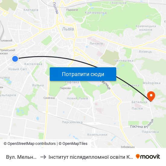 Вул. Мельника to Інститут післядипломної освіти КНУБА map